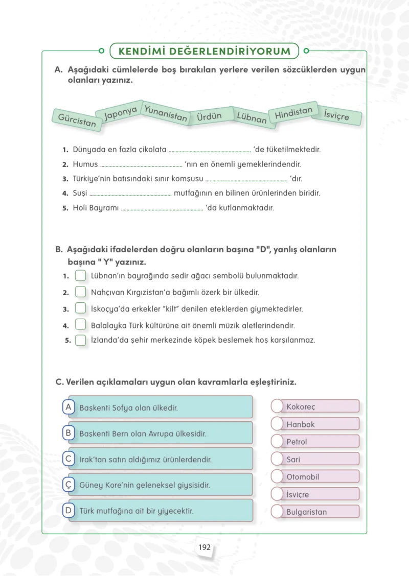 4. Sınıf Sosyal Bilgiler Ders Kitabı Cevapları Meb Yayınları Sayfa 192