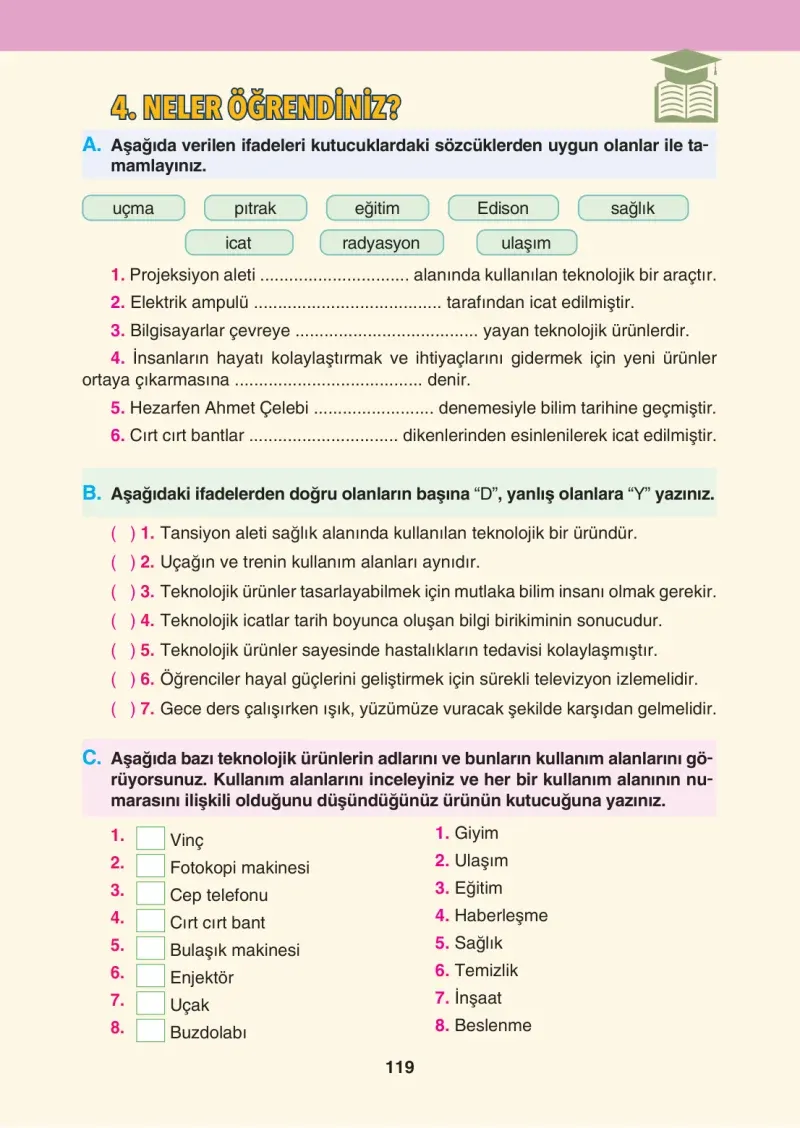 4. Sınıf Sosyal Bilgiler Ders Kitabı Cevapları Tuna Matbaacılık Sayfa 119