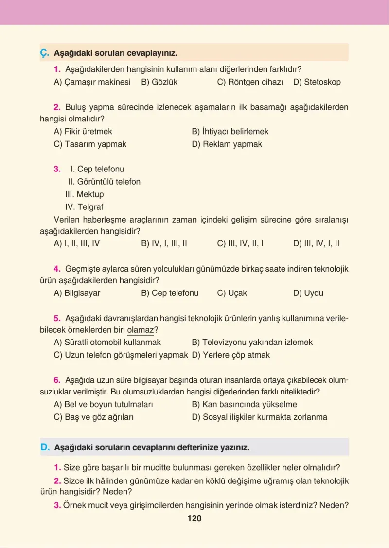 4. Sınıf Sosyal Bilgiler Ders Kitabı Cevapları Tuna Matbaacılık Sayfa 120