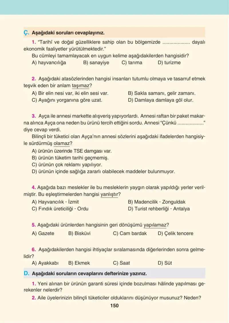 4. Sınıf Sosyal Bilgiler Ders Kitabı Cevapları Tuna Matbaacılık Sayfa 150