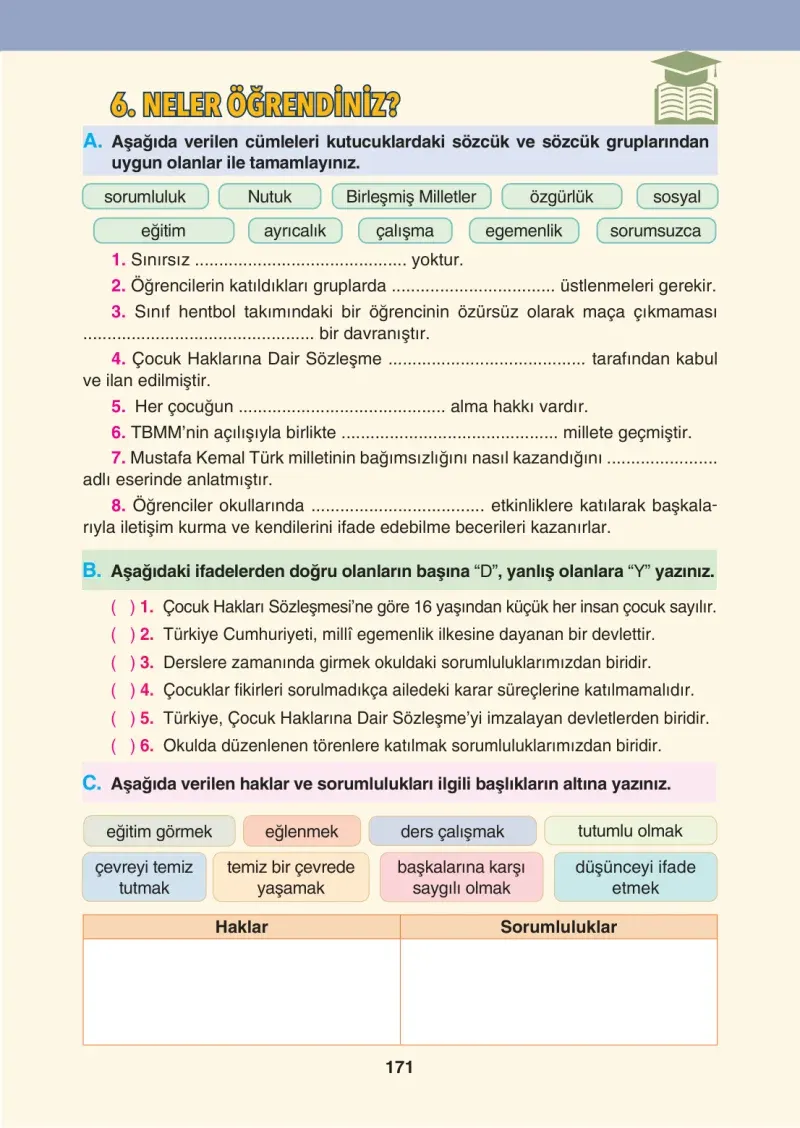 4. Sınıf Sosyal Bilgiler Ders Kitabı Cevapları Tuna Matbaacılık Sayfa 171