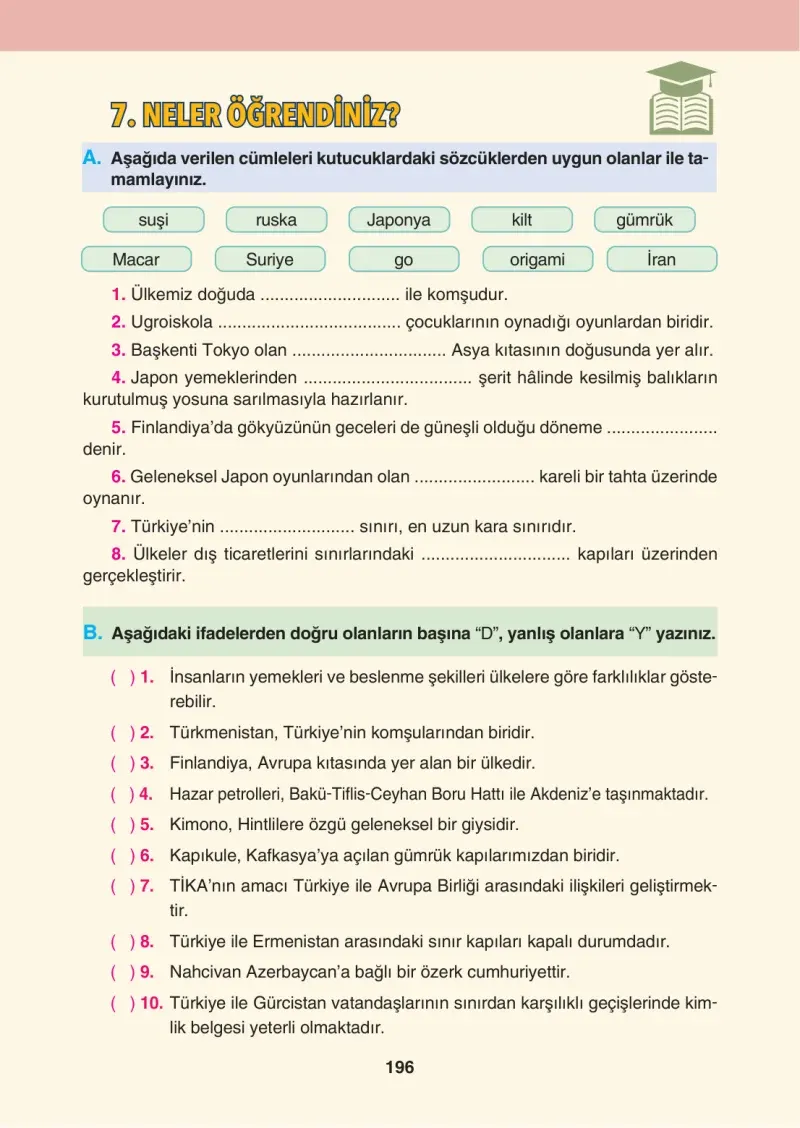4. Sınıf Sosyal Bilgiler Ders Kitabı Cevapları Tuna Matbaacılık Sayfa 196