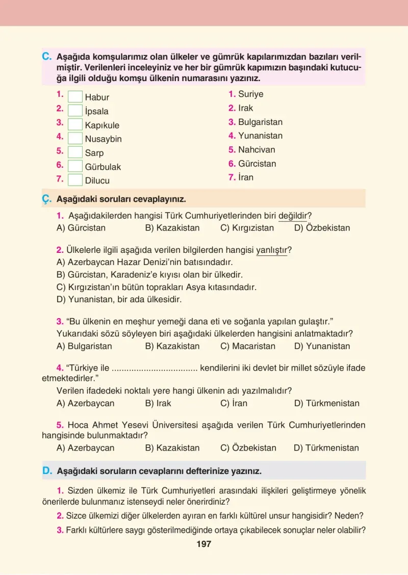 4. Sınıf Sosyal Bilgiler Ders Kitabı Cevapları Tuna Matbaacılık Sayfa 197