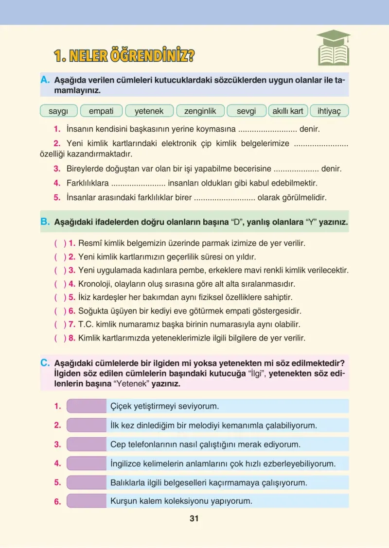 4. Sınıf Sosyal Bilgiler Ders Kitabı Cevapları Tuna Matbaacılık Sayfa 31