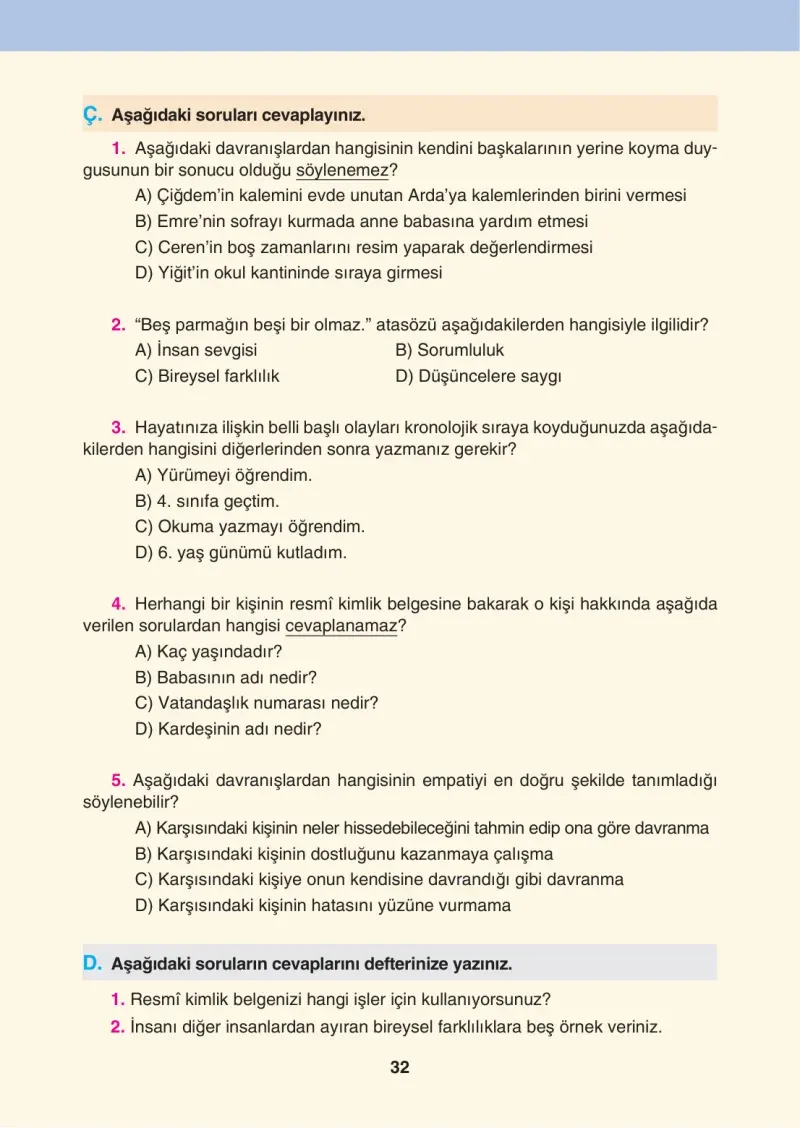 4. Sınıf Sosyal Bilgiler Ders Kitabı Cevapları Tuna Matbaacılık Sayfa 32
