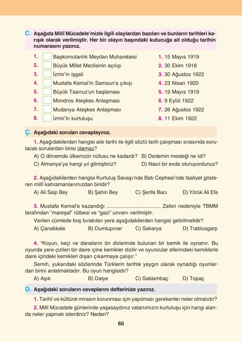 4. Sınıf Sosyal Bilgiler Ders Kitabı Cevapları Tuna Matbaacılık Sayfa 60
