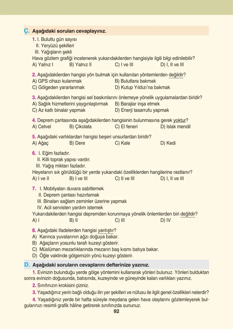 4. Sınıf Sosyal Bilgiler Ders Kitabı Cevapları Tuna Matbaacılık Sayfa 92