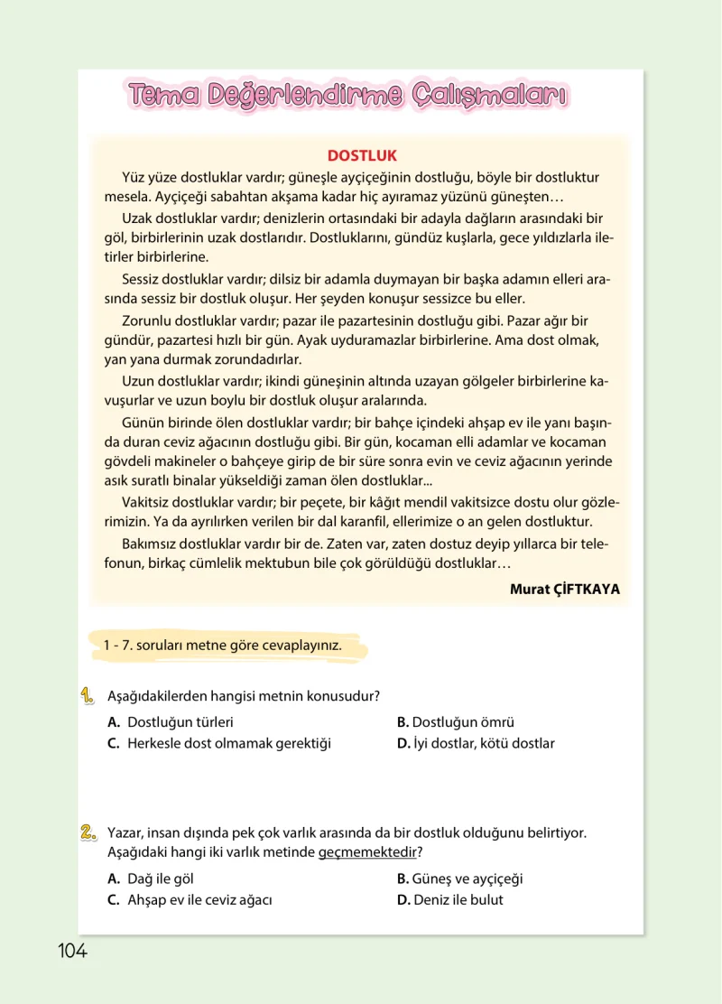 4. Sınıf Türkçe Ders Kitabı Cevapları Koza Yayınları Sayfa 104
