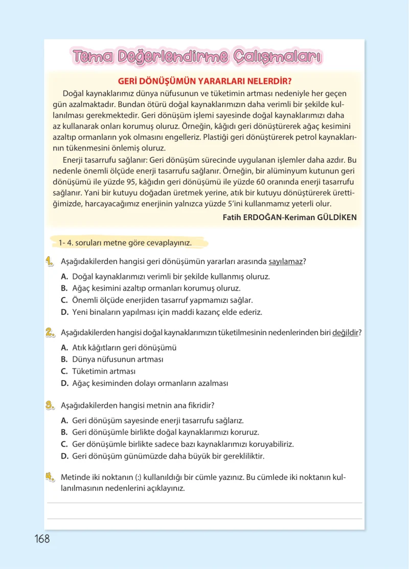 4. Sınıf Türkçe Ders Kitabı Cevapları Koza Yayınları Sayfa 168