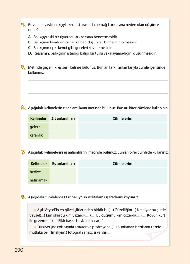 4. Sınıf Türkçe Ders Kitabı Cevapları Koza Yayınları Sayfa 200