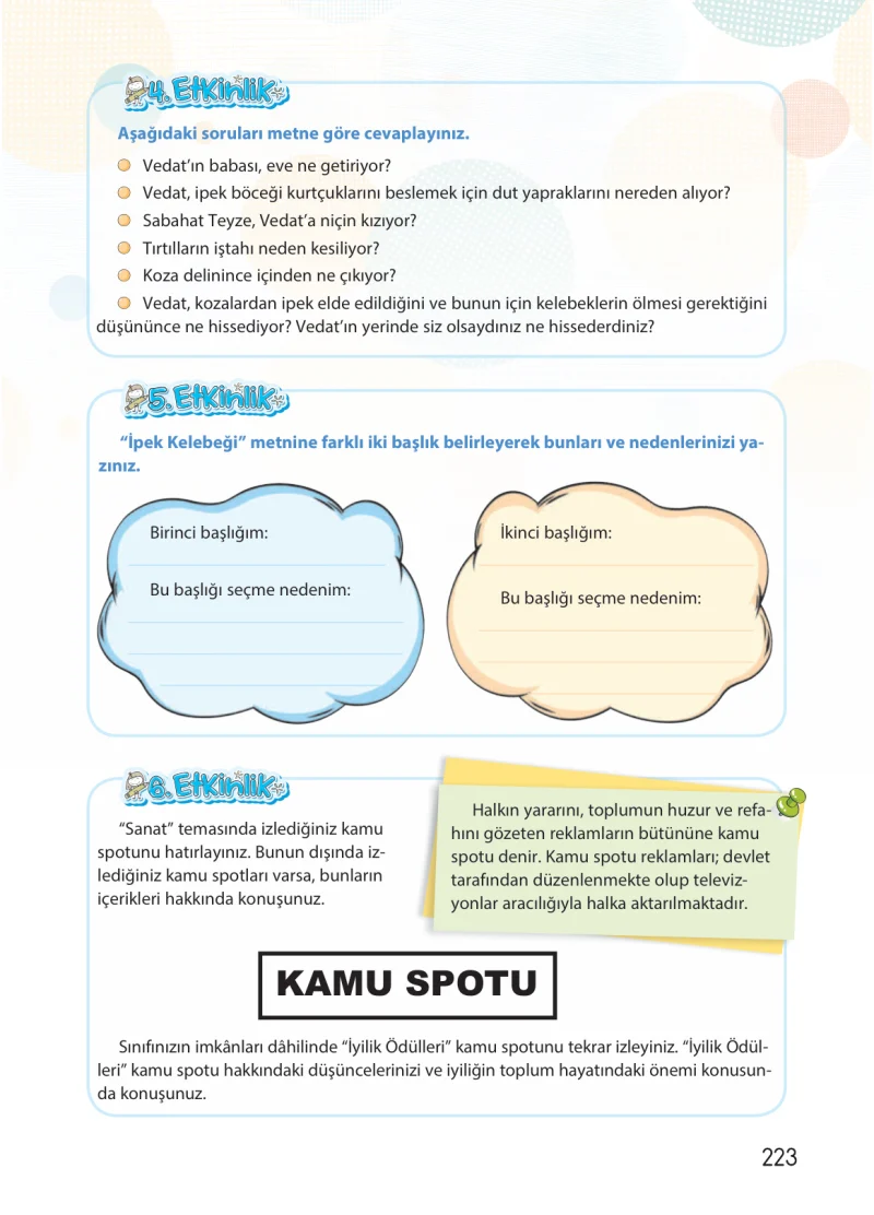 4. Sınıf Türkçe Ders Kitabı Cevapları Koza Yayınları Sayfa 223
