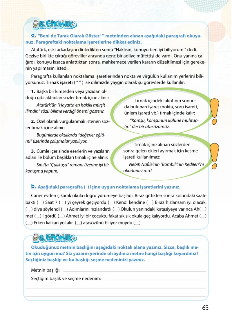4. Sınıf Türkçe Ders Kitabı Cevapları Koza Yayınları Sayfa 65