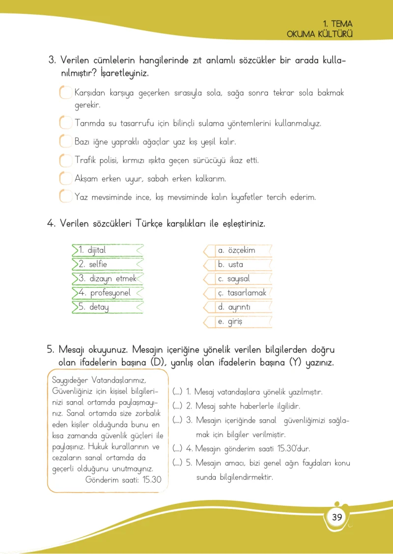 4. Sınıf Türkçe Ders Kitabı Cevapları Meb Yayınları 1 Sayfa 39