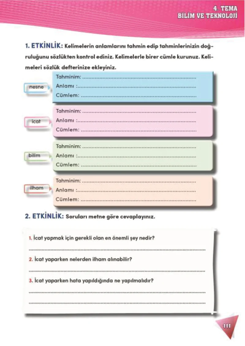 4. Sınıf Türkçe Ders Kitabı Cevapları Meb Yayınları 2 Sayfa 111
