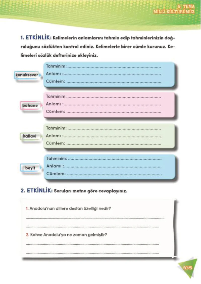 4. Sınıf Türkçe Ders Kitabı Cevapları Meb Yayınları 2 Sayfa 185