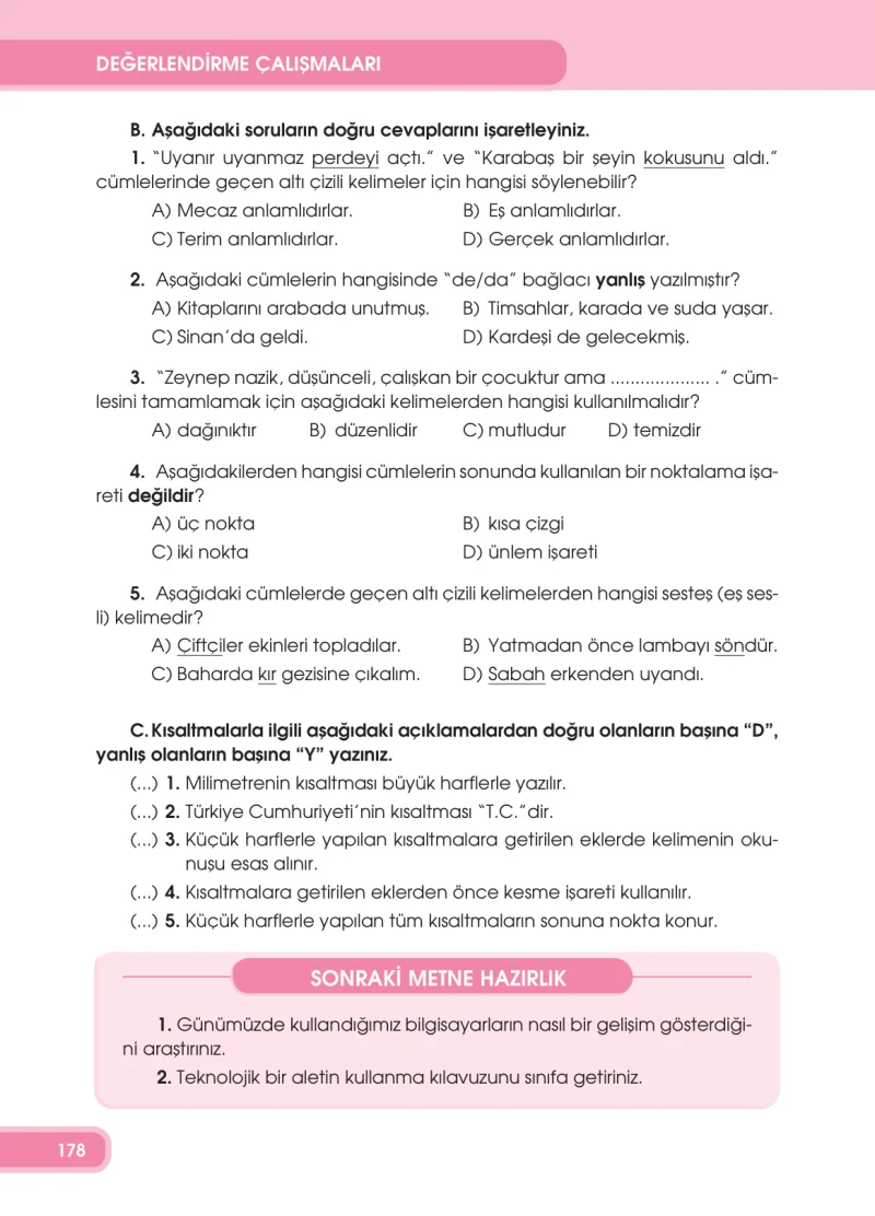 4. Sınıf Türkçe Ders Kitabı Cevapları Özgün Yayınları Sayfa 178