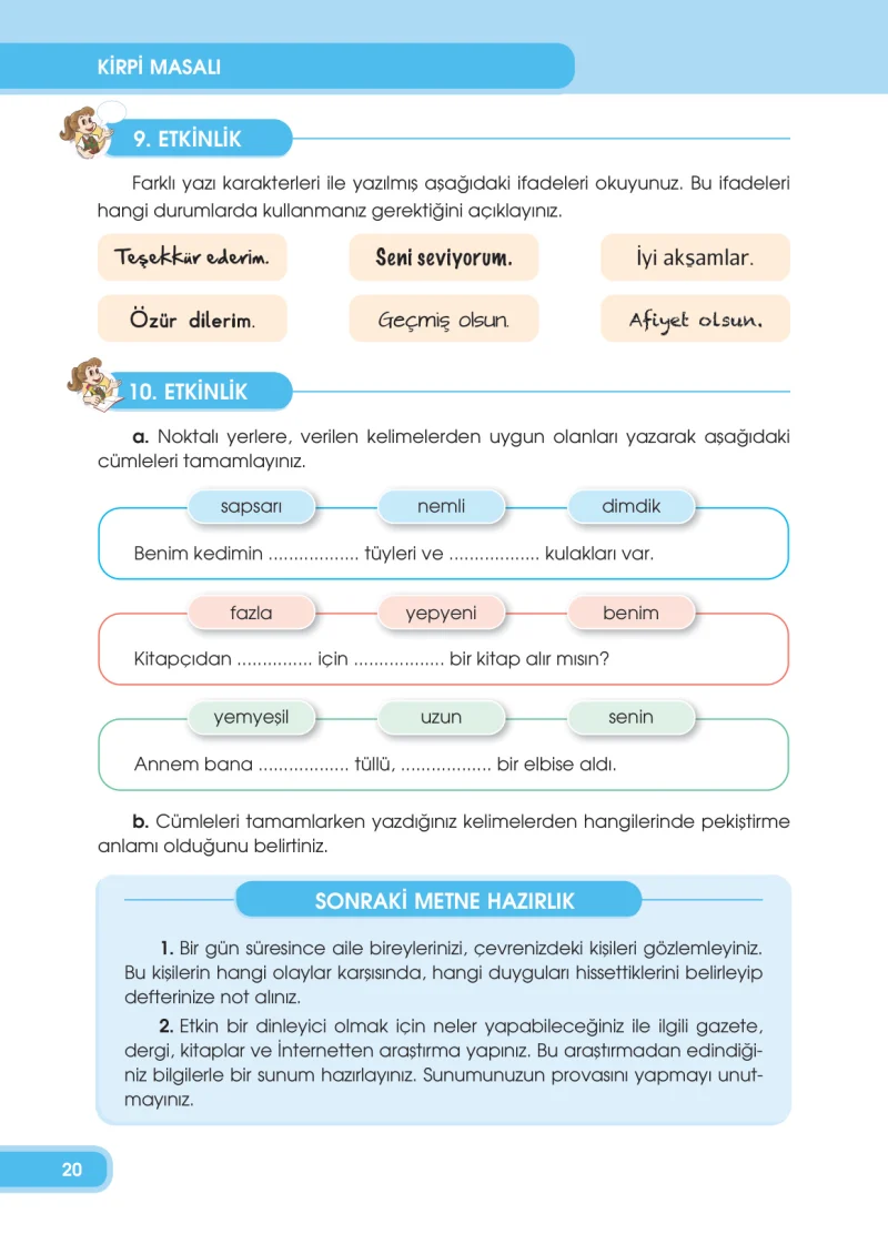 4. Sınıf Türkçe Ders Kitabı Cevapları Özgün Yayınları Sayfa 20
