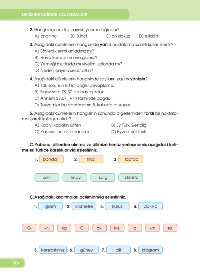 4. Sınıf Türkçe Ders Kitabı Cevapları Özgün Yayınları Sayfa 204