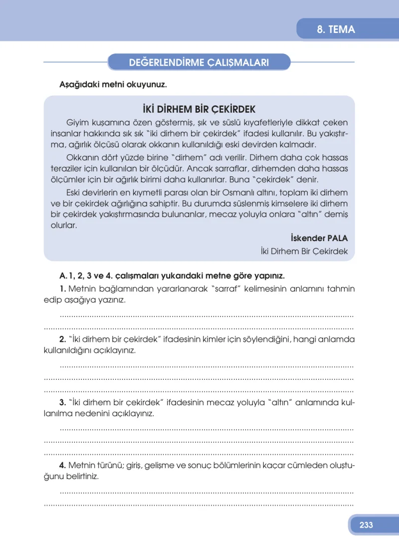4. Sınıf Türkçe Ders Kitabı Cevapları Özgün Yayınları Sayfa 233