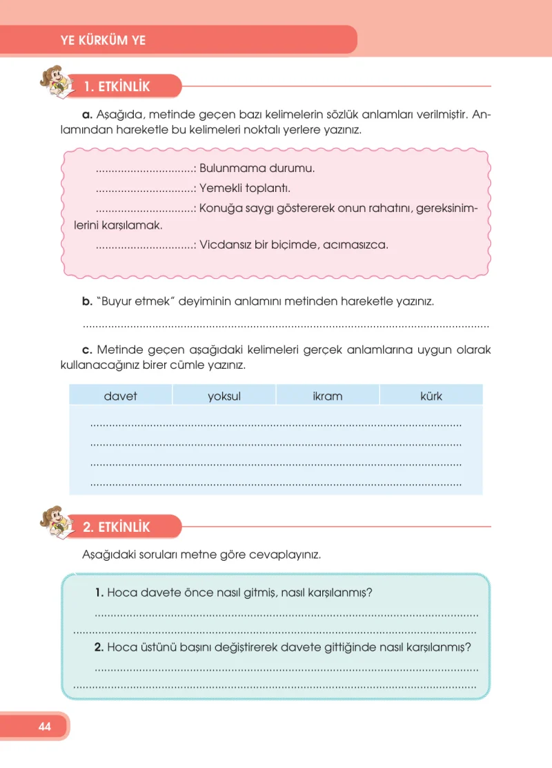 4. Sınıf Türkçe Ders Kitabı Cevapları Özgün Yayınları Sayfa 44