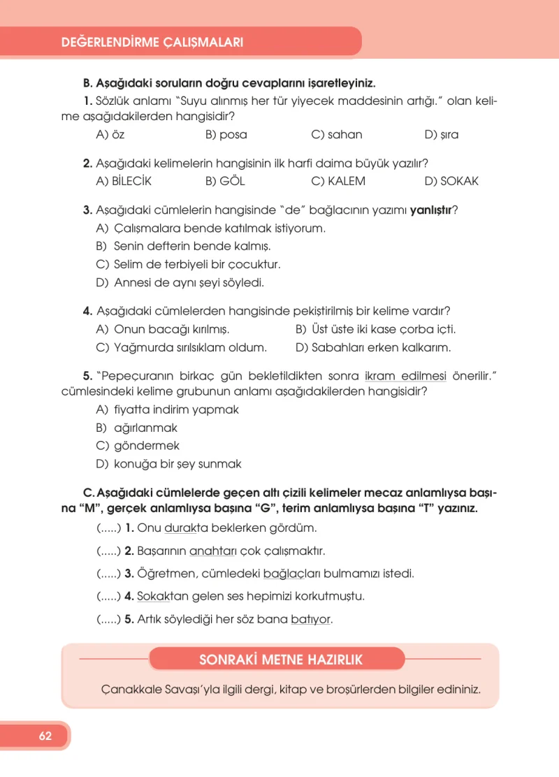 4. Sınıf Türkçe Ders Kitabı Cevapları Özgün Yayınları Sayfa 62