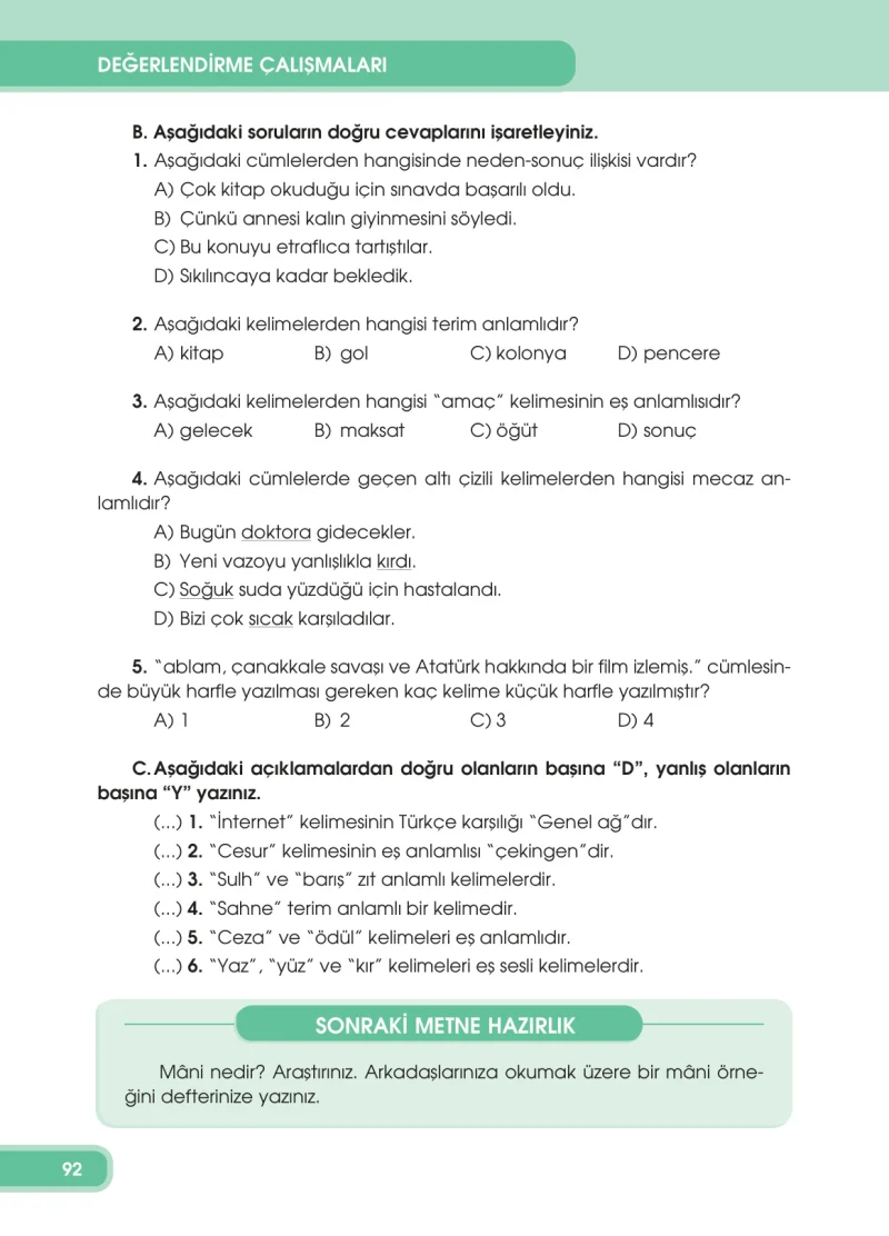 4. Sınıf Türkçe Ders Kitabı Cevapları Özgün Yayınları Sayfa 92