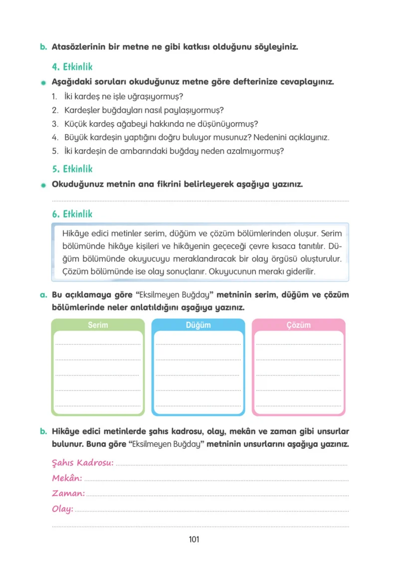 4. Sınıf Türkçe Ders Kitabı Cevapları Tuna Yayınları Sayfa 101