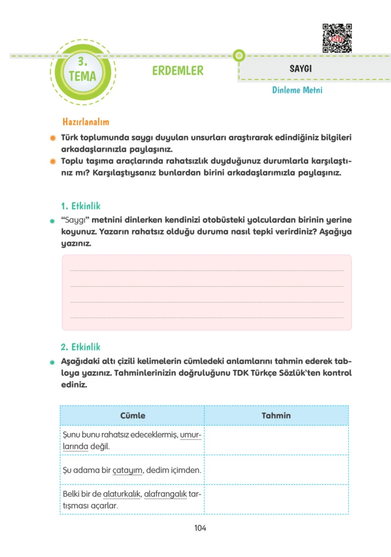 4. Sınıf Türkçe Ders Kitabı Cevapları Tuna Yayınları Sayfa 104