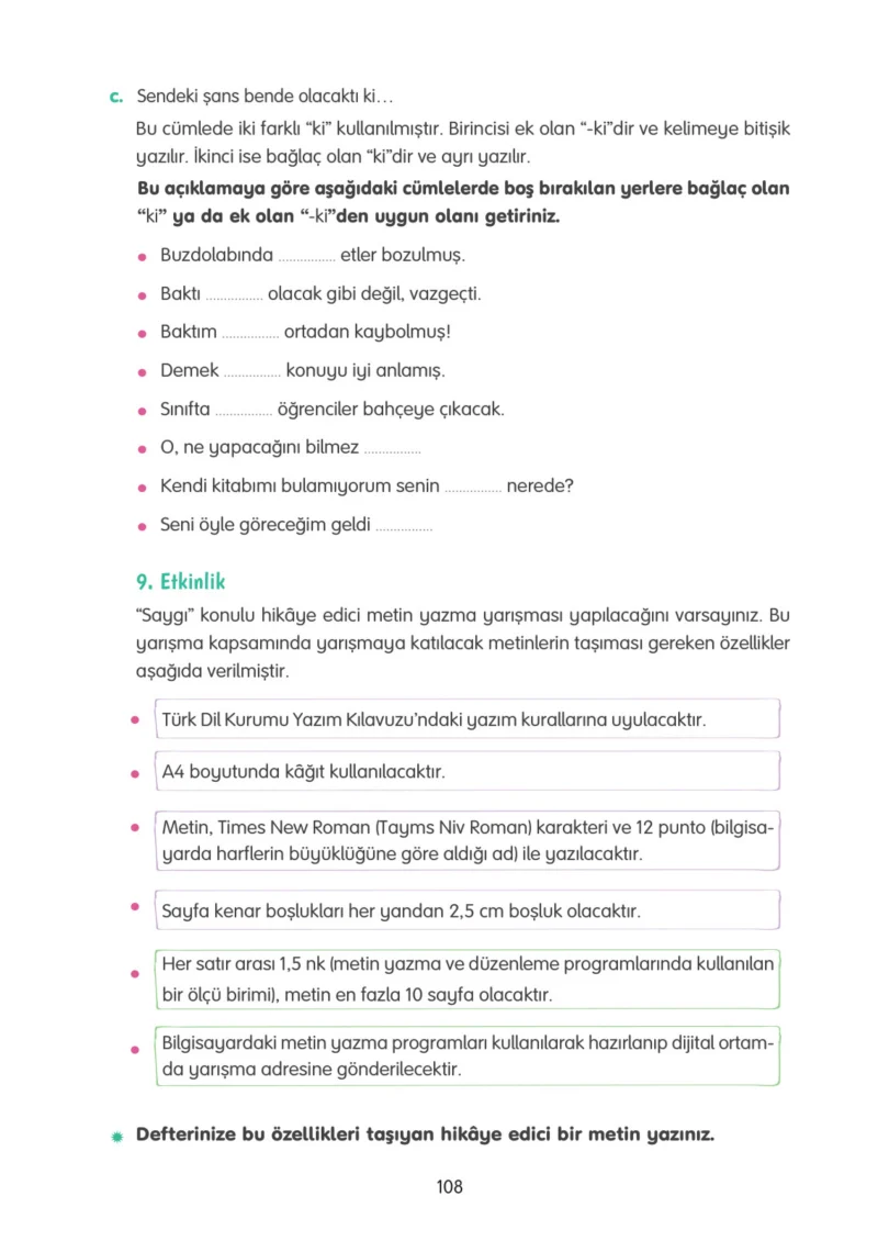 4. Sınıf Türkçe Ders Kitabı Cevapları Tuna Yayınları Sayfa 108