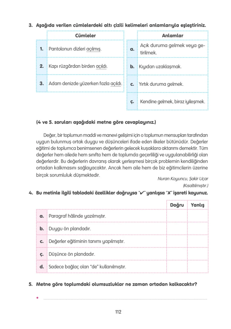 4. Sınıf Türkçe Ders Kitabı Cevapları Tuna Yayınları Sayfa 112