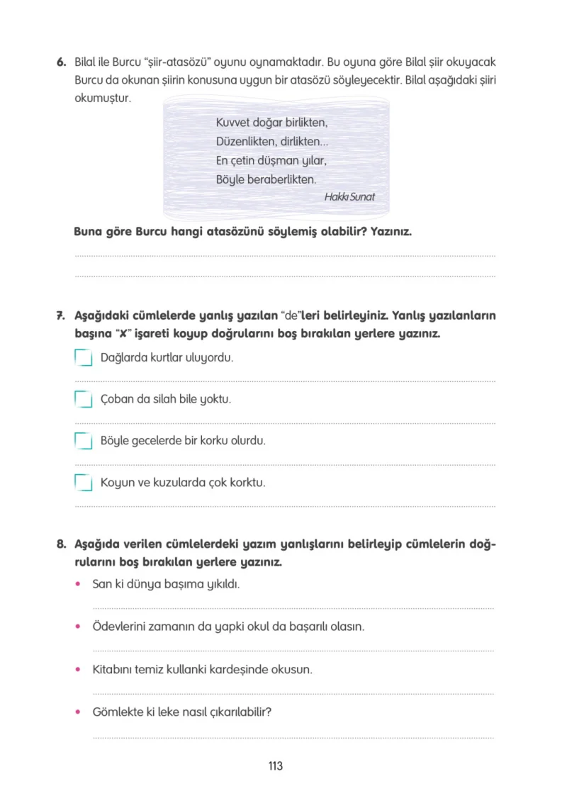 4. Sınıf Türkçe Ders Kitabı Cevapları Tuna Yayınları Sayfa 113