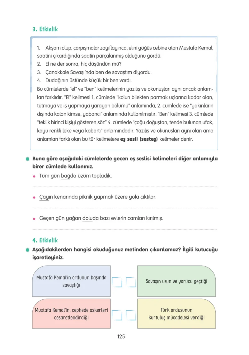 4. Sınıf Türkçe Ders Kitabı Cevapları Tuna Yayınları Sayfa 125