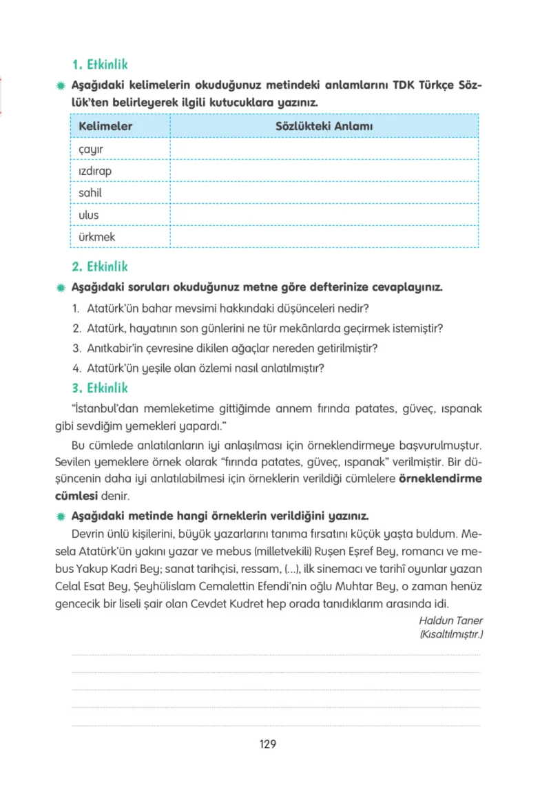 4. Sınıf Türkçe Ders Kitabı Cevapları Tuna Yayınları Sayfa 129