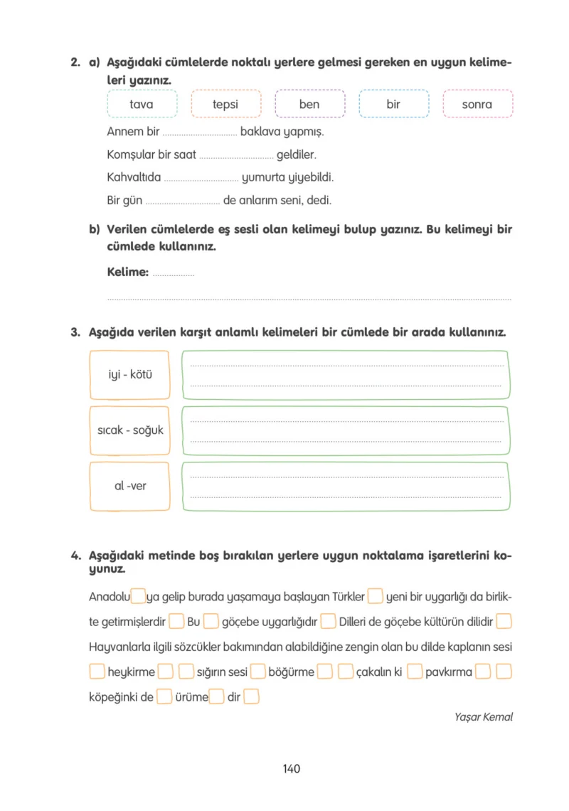 4. Sınıf Türkçe Ders Kitabı Cevapları Tuna Yayınları Sayfa 140