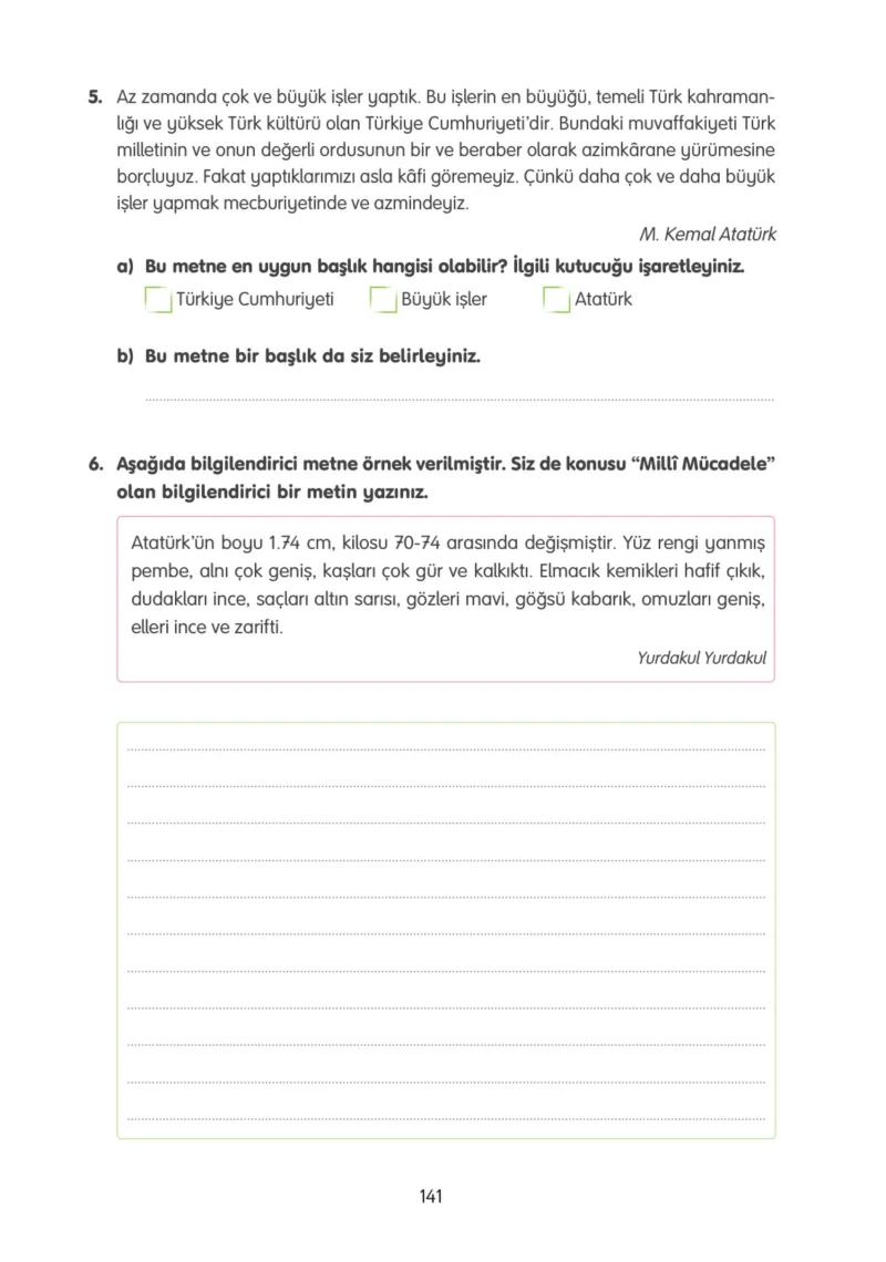 4. Sınıf Türkçe Ders Kitabı Cevapları Tuna Yayınları Sayfa 141