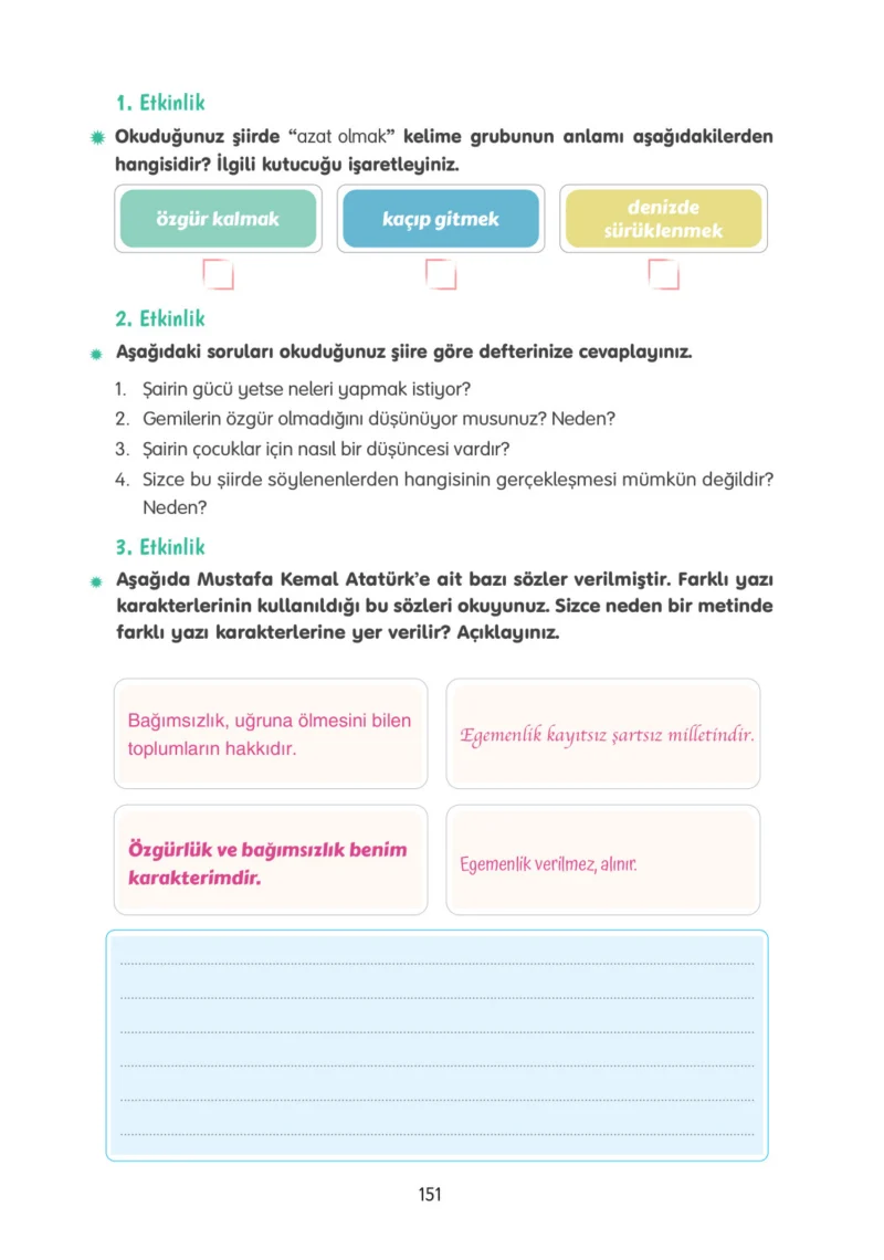 4. Sınıf Türkçe Ders Kitabı Cevapları Tuna Yayınları Sayfa 151