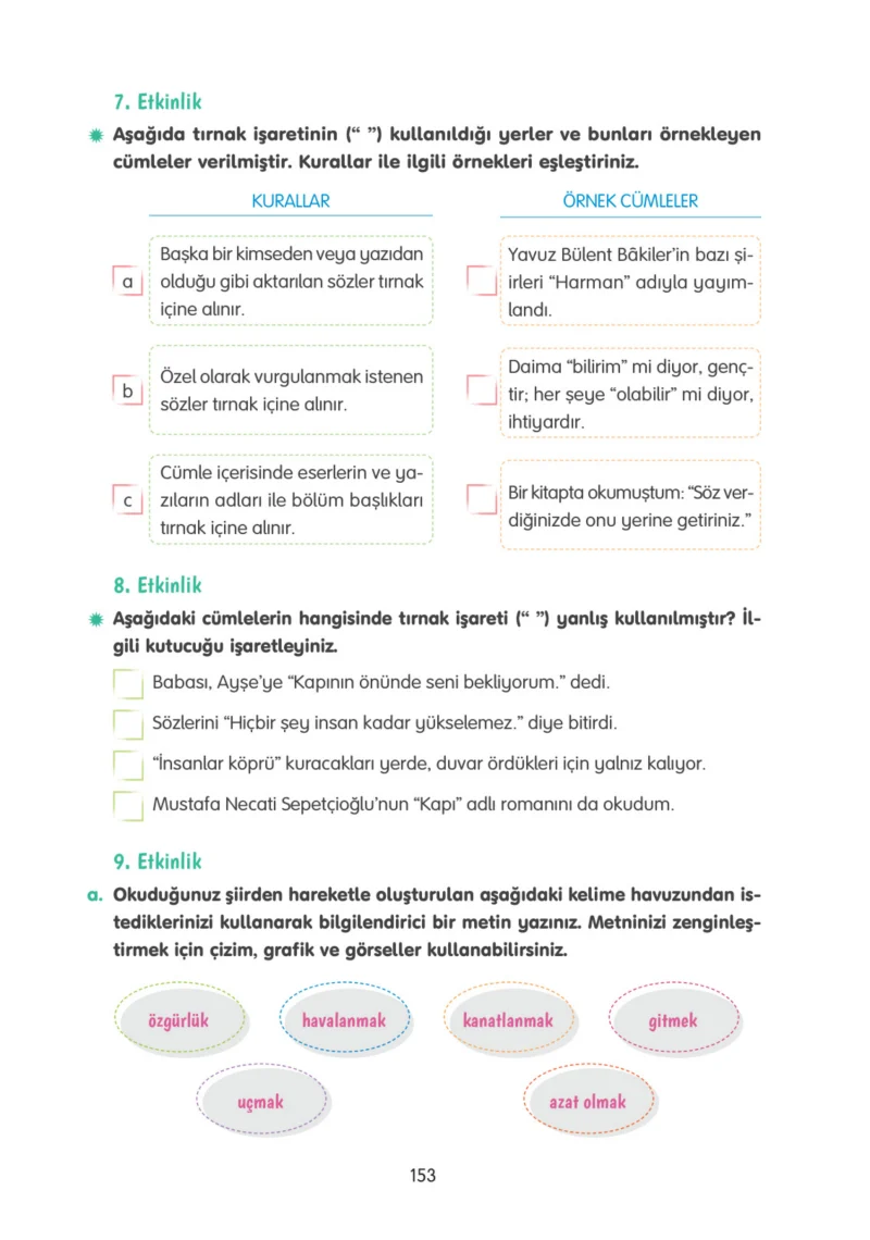 4. Sınıf Türkçe Ders Kitabı Cevapları Tuna Yayınları Sayfa 153