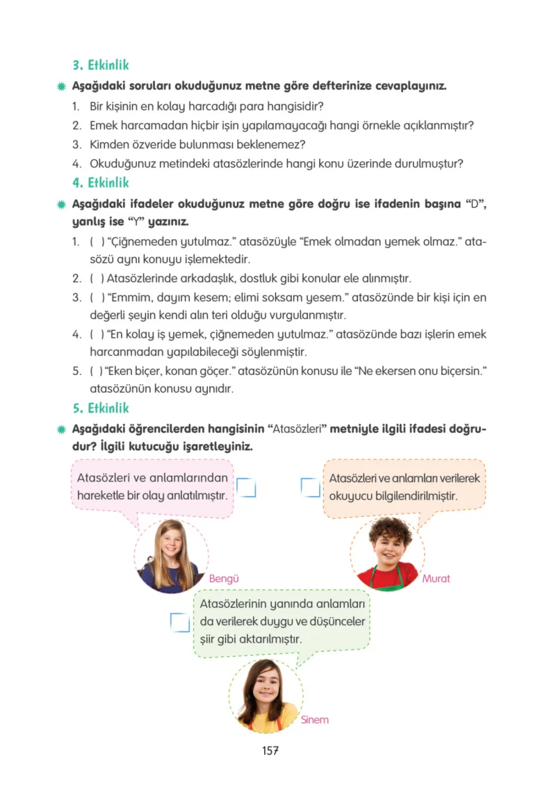 4. Sınıf Türkçe Ders Kitabı Cevapları Tuna Yayınları Sayfa 157