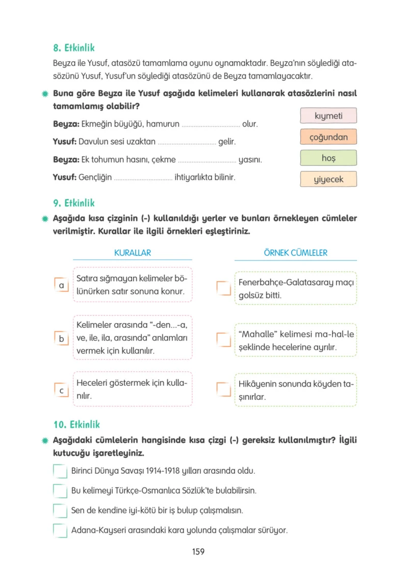 4. Sınıf Türkçe Ders Kitabı Cevapları Tuna Yayınları Sayfa 159