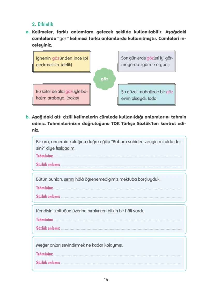 4. Sınıf Türkçe Ders Kitabı Cevapları Tuna Yayınları Sayfa 16