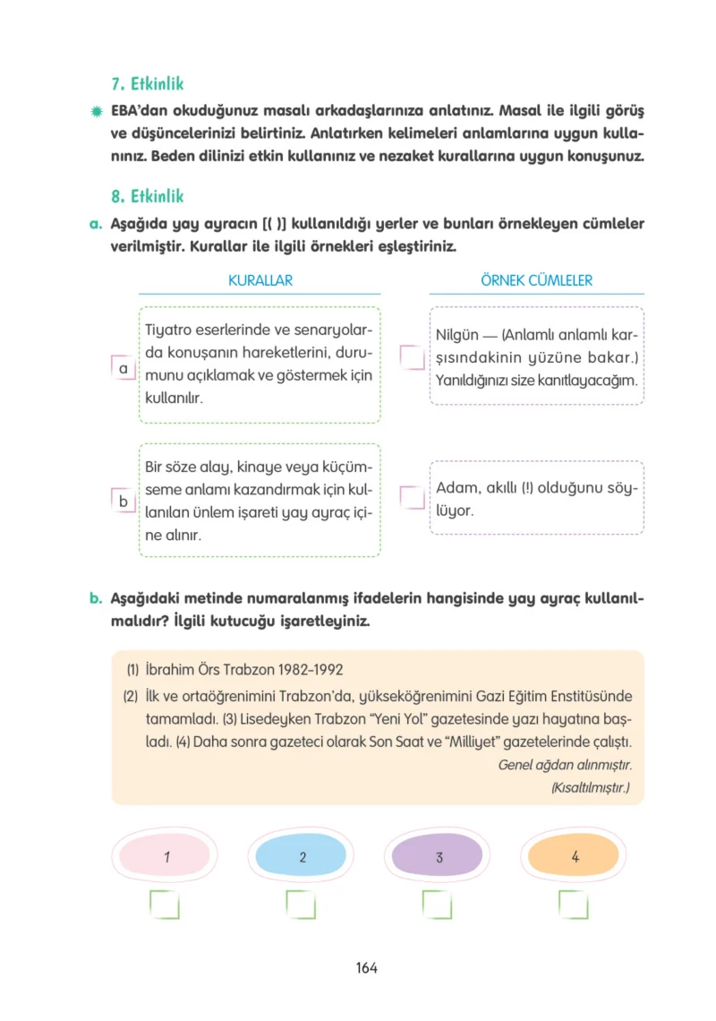 4. Sınıf Türkçe Ders Kitabı Cevapları Tuna Yayınları Sayfa 164