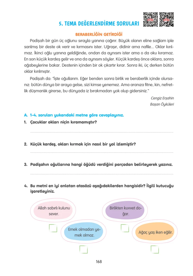 4. Sınıf Türkçe Ders Kitabı Cevapları Tuna Yayınları Sayfa 168