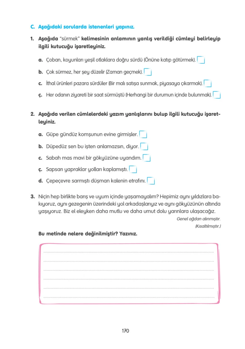 4. Sınıf Türkçe Ders Kitabı Cevapları Tuna Yayınları Sayfa 170