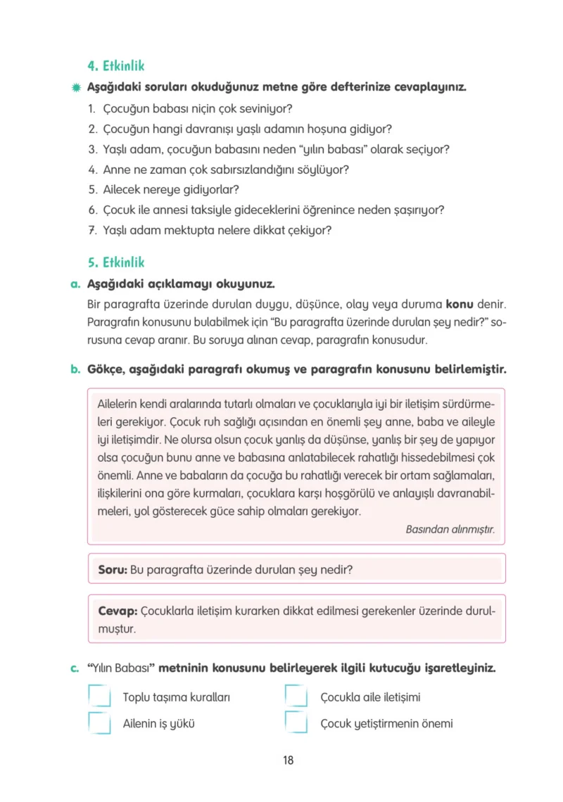4. Sınıf Türkçe Ders Kitabı Cevapları Tuna Yayınları Sayfa 18