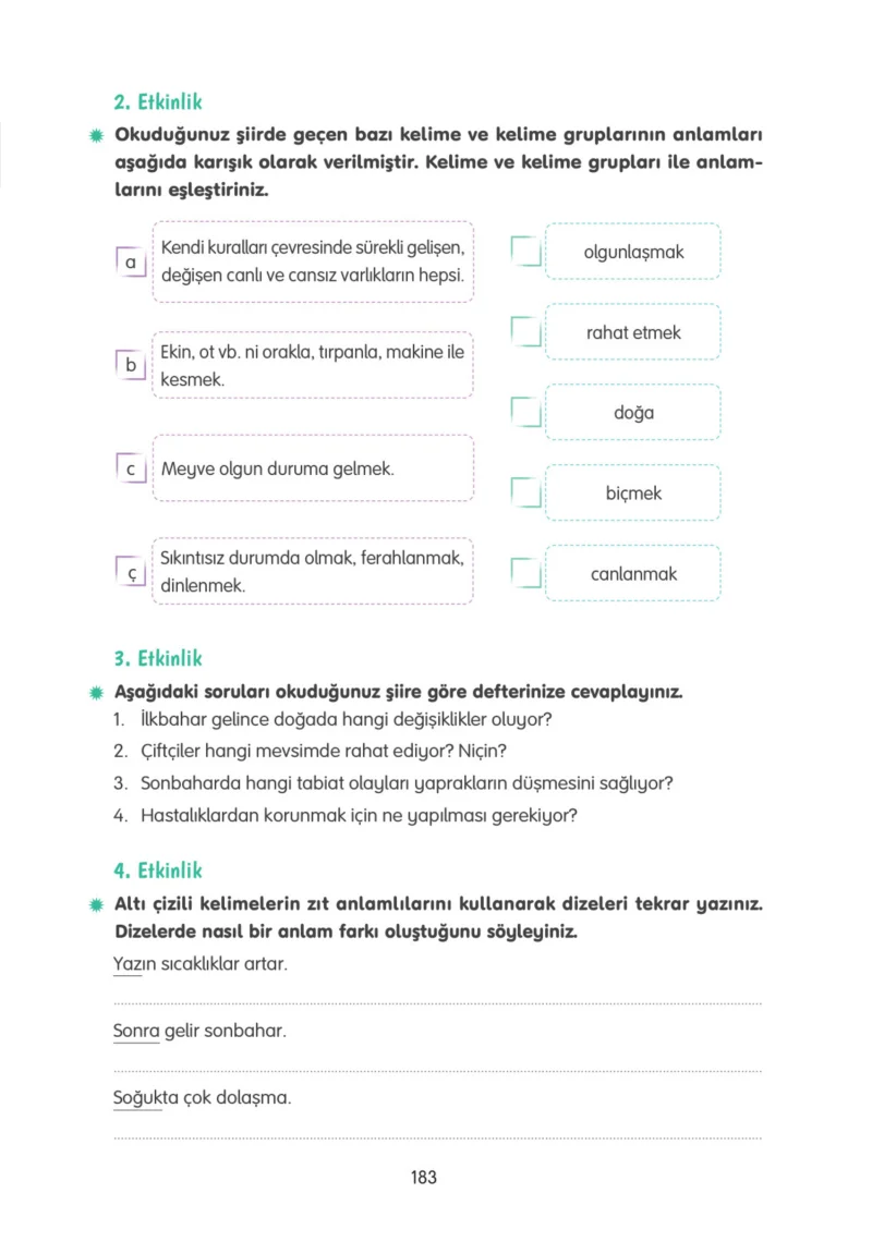 4. Sınıf Türkçe Ders Kitabı Cevapları Tuna Yayınları Sayfa 183