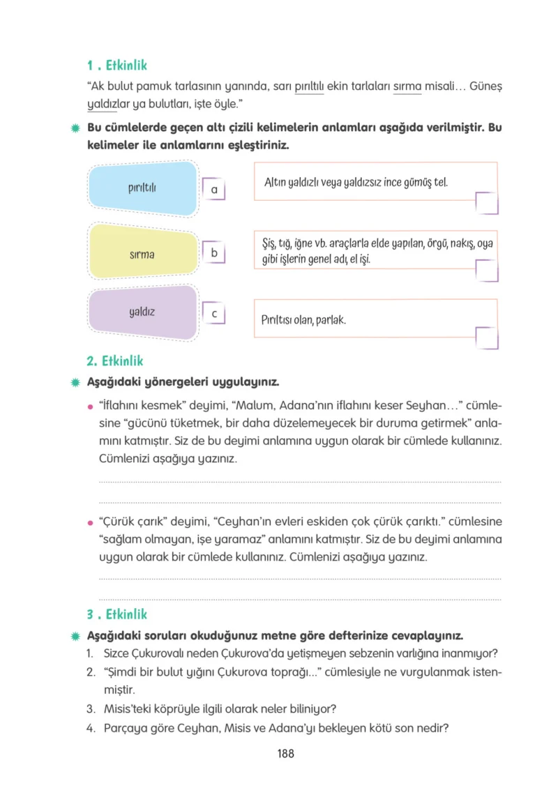 4. Sınıf Türkçe Ders Kitabı Cevapları Tuna Yayınları Sayfa 188