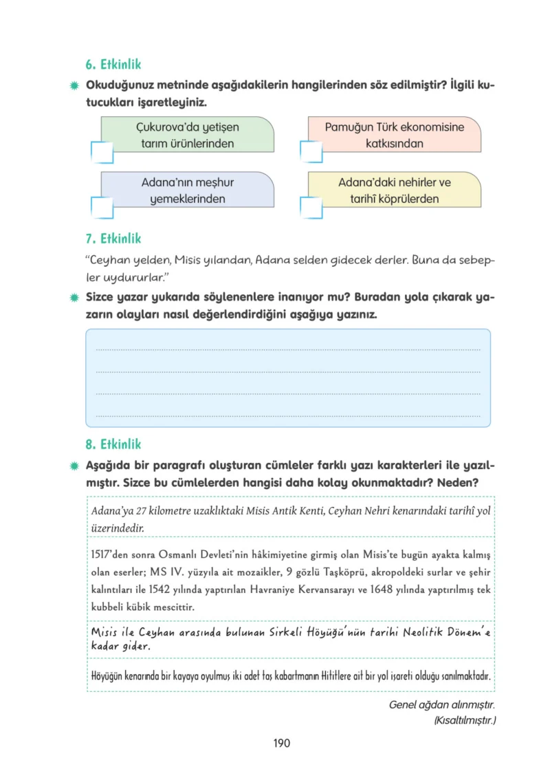 4. Sınıf Türkçe Ders Kitabı Cevapları Tuna Yayınları Sayfa 190