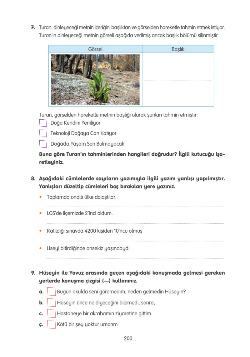 4. Sınıf Türkçe Ders Kitabı Cevapları Tuna Yayınları Sayfa 200