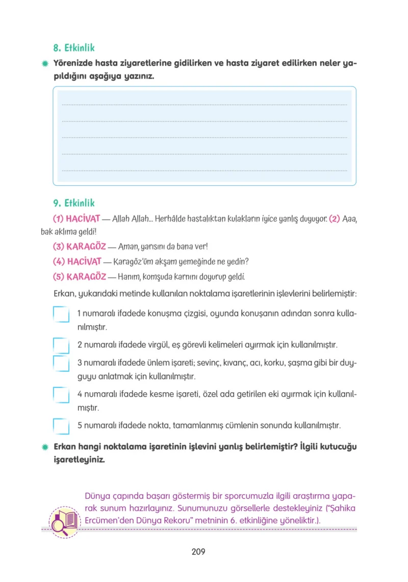 4. Sınıf Türkçe Ders Kitabı Cevapları Tuna Yayınları Sayfa 209