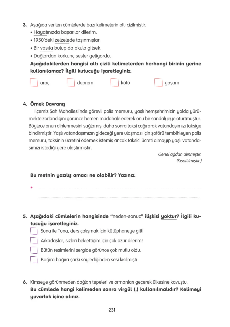 4. Sınıf Türkçe Ders Kitabı Cevapları Tuna Yayınları Sayfa 231